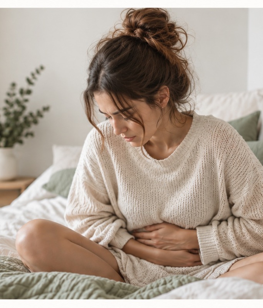 Femme allongée, main posée sur le ventre
