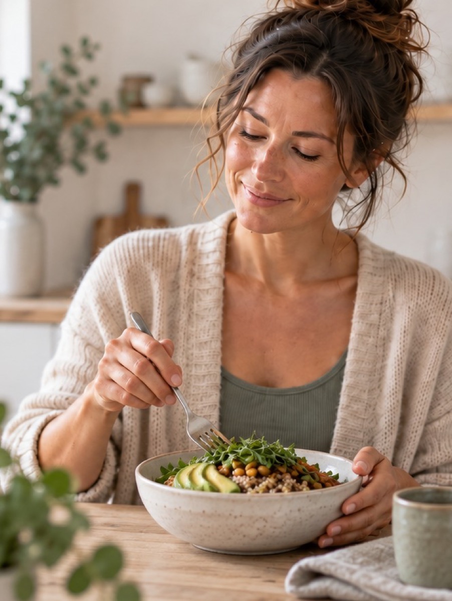 Femme préparant un repas simple et coloré