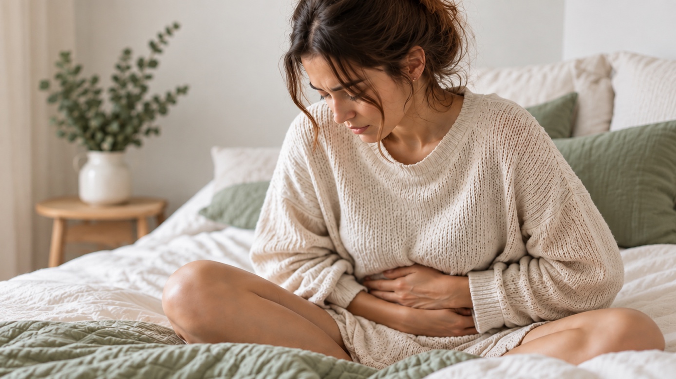 Femme assise sur un lit, main posée sur le ventre