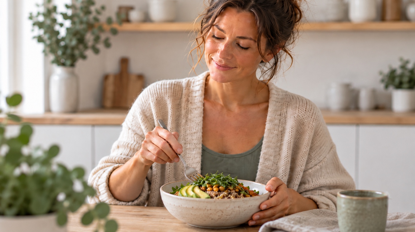 Femme souriante savourant un bol repas à table