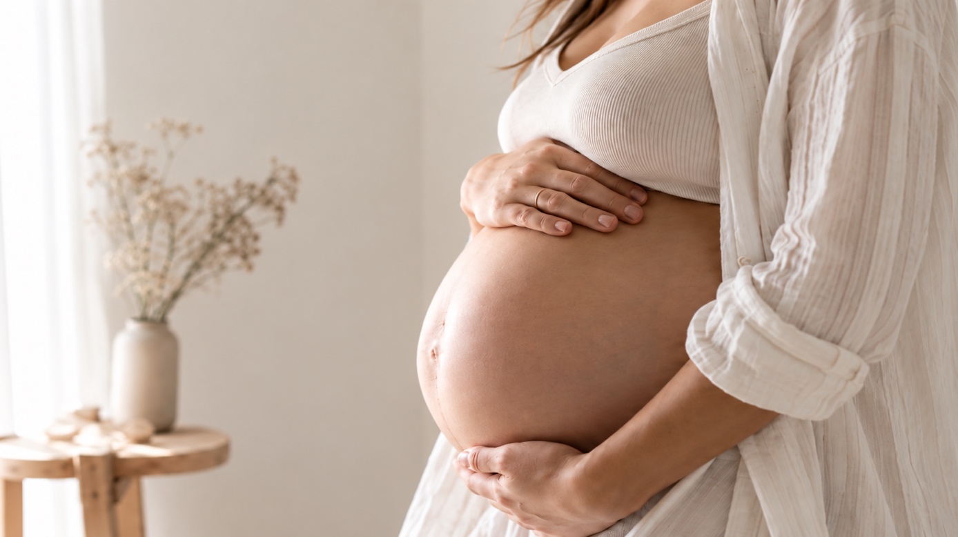 Femme enceinte, mains posées sur le ventre