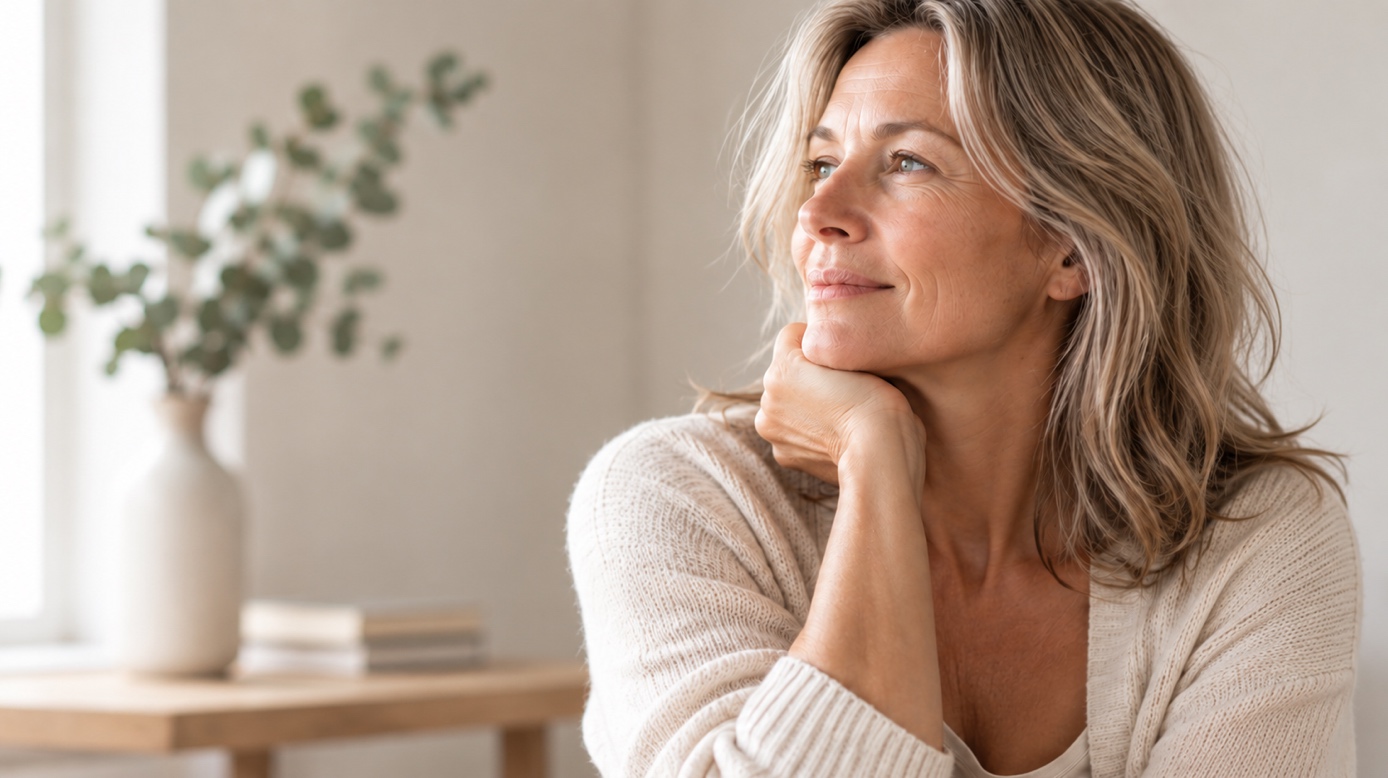Femme d’âge mûr souriante, la main au menton, en lumière naturelle
